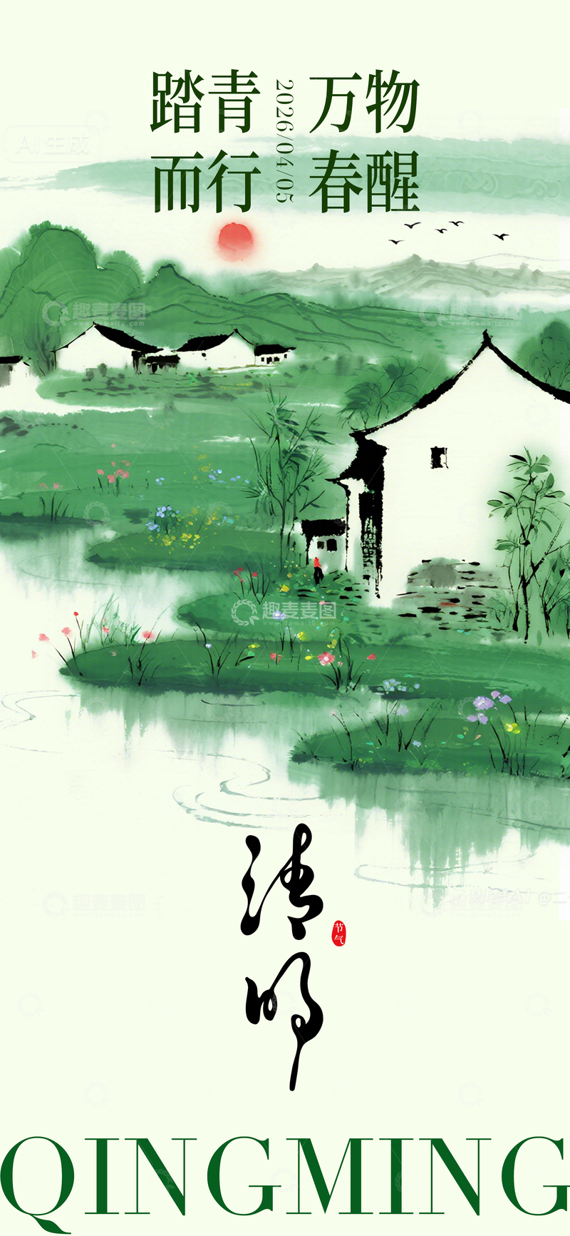 源文件下载【趣麦麦图】水墨风清明节山水村落海报设计素材