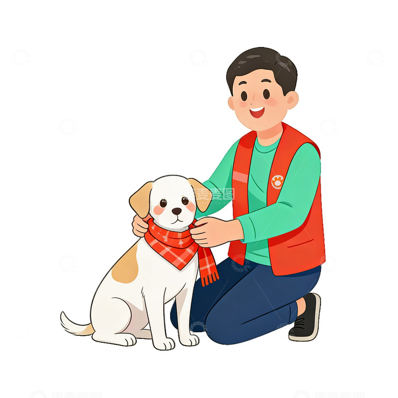 高清大图下载【趣麦麦图】卡通志愿者与小狗互动图