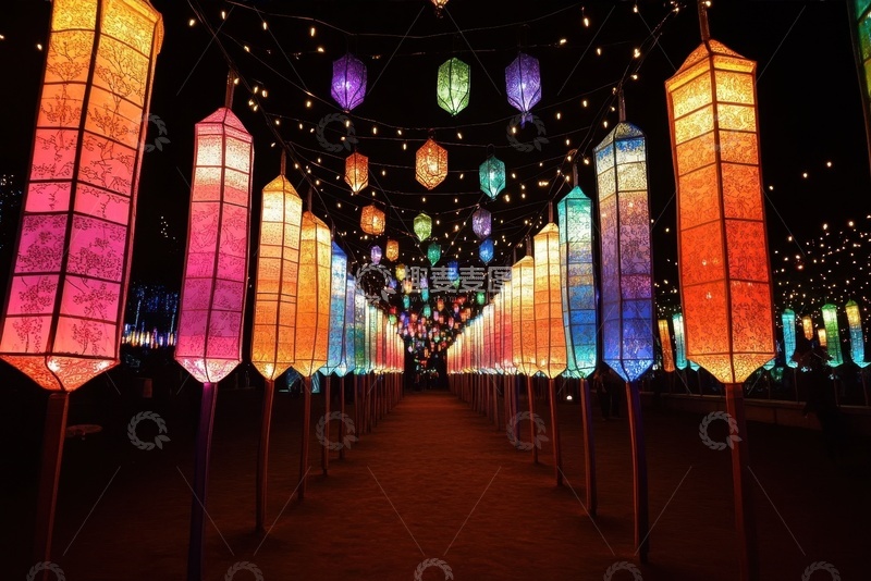 高清大图下载【趣麦麦图】美丽的一条彩灯装饰的道路