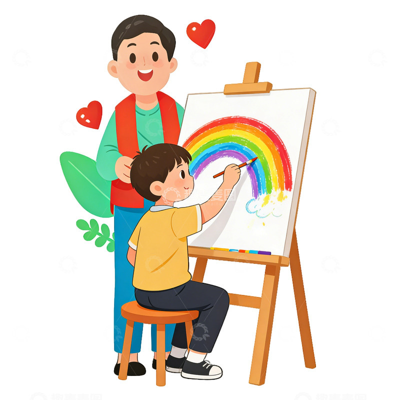 高清大图下载【趣麦麦图】卡通亲子绘画彩虹场景插画素材