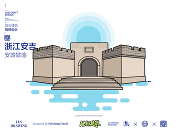 安吉安城城墙城市地标矢量建筑线描