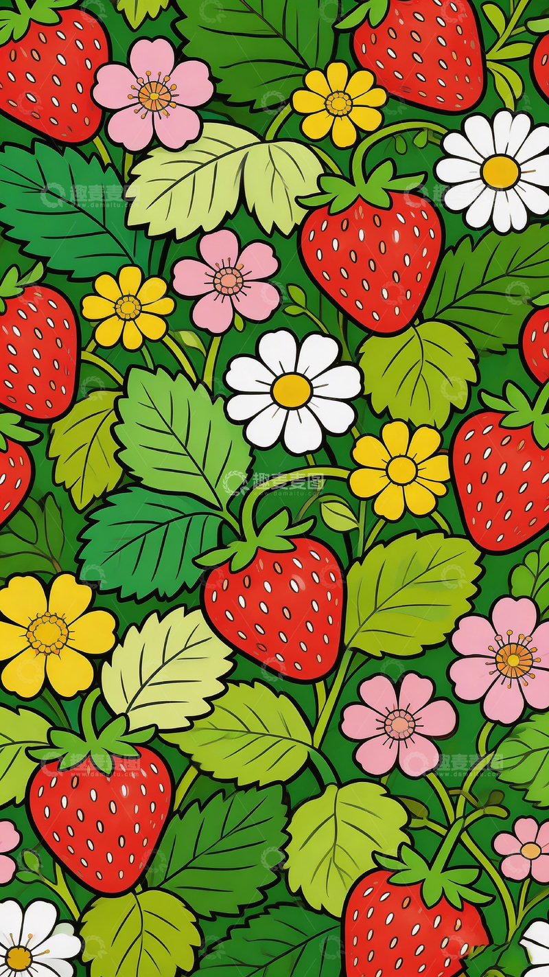 高清大图下载【趣麦麦图】草莓花朵图案设计壁纸