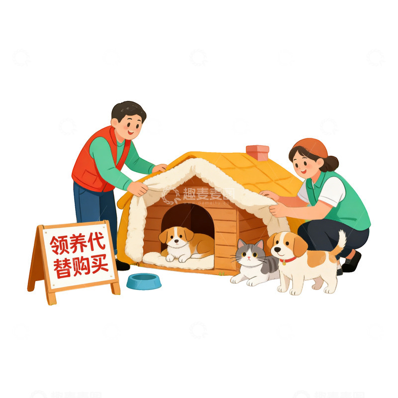 高清大图下载【趣麦麦图】温馨宠物领养场景插画素材