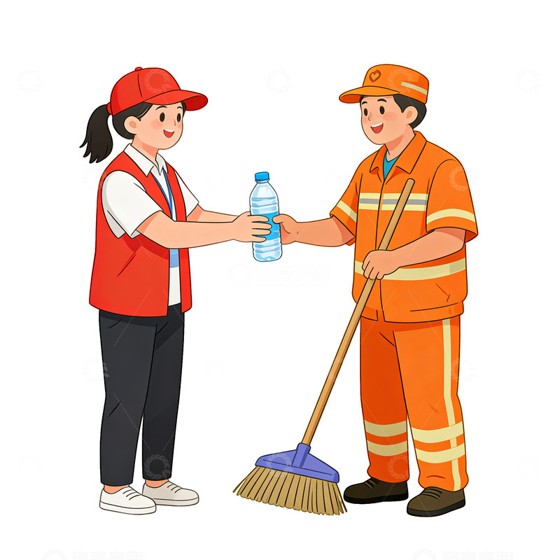 高清大图下载【趣麦麦图】志愿者送水给环卫工人卡通图