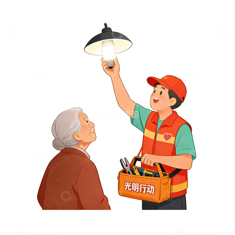 高清大图下载【趣麦麦图】志愿者维修灯泡暖心场景