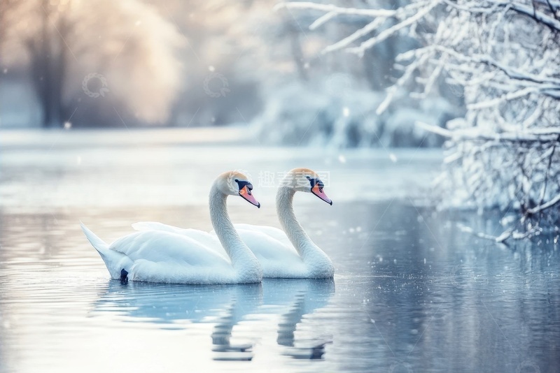 高清大图下载【趣麦麦图】两只并排游水的白天鹅