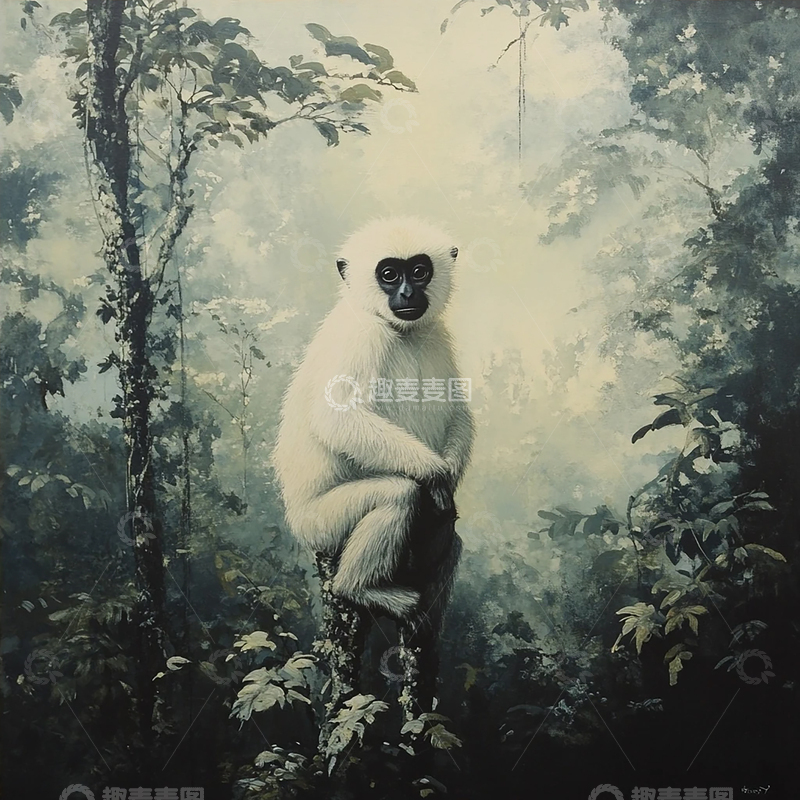 高清大图下载【趣麦麦图】雾中孤影的白色灵猴