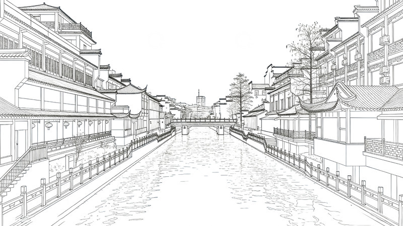 高清大图下载【趣麦麦图】线条画-地标建筑(免扣)-秦淮河