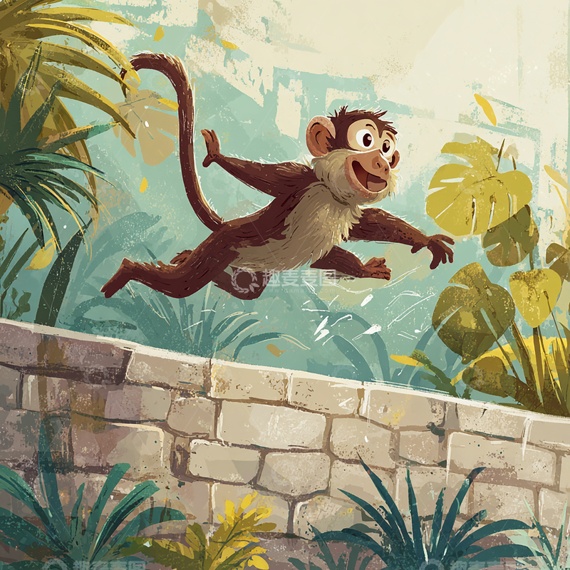 高清大图下载【趣麦麦图】灵动猴子跃过古老城墙