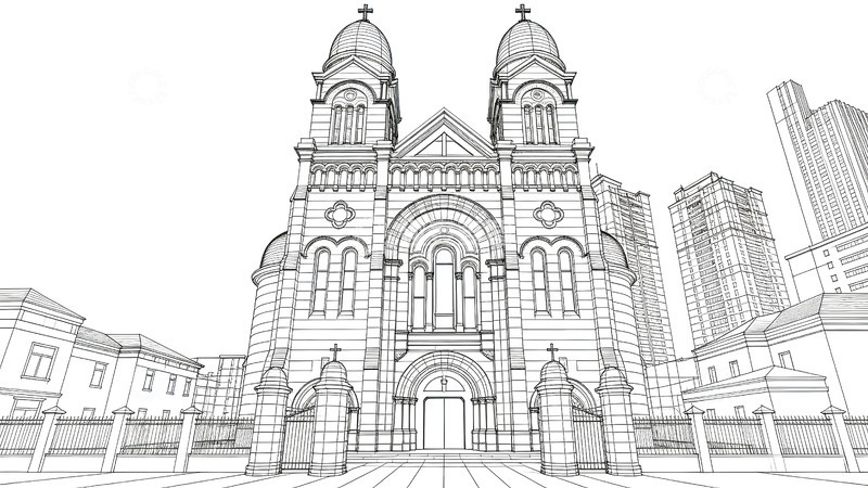 高清大图下载【趣麦麦图】线条画-地标建筑(免扣)-西开教堂