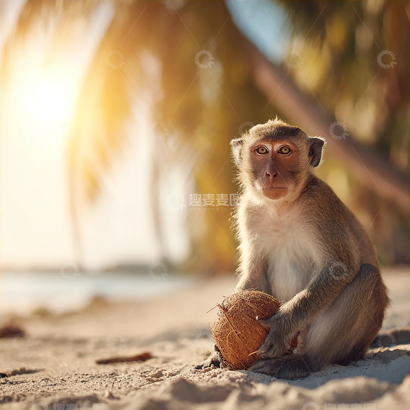 高清大图下载【趣麦麦图】沙滩上的孤独猴子与椰子