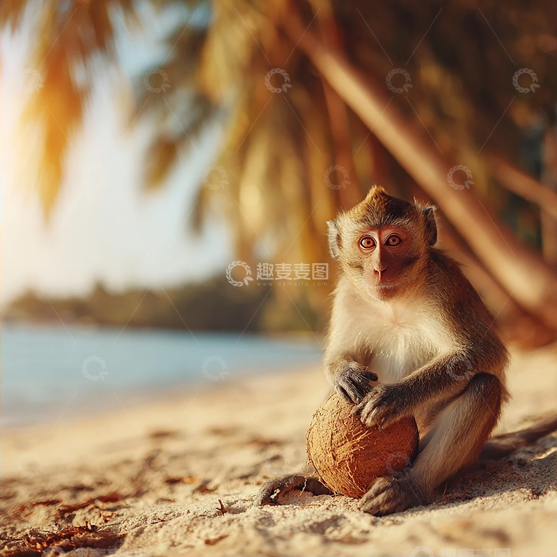 高清大图下载【趣麦麦图】海边孤独的猴子与椰子