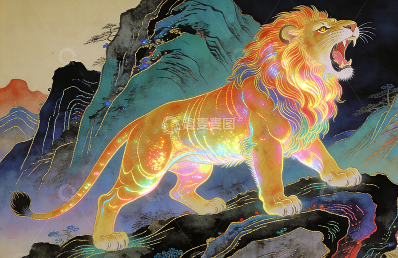 高清大图下载【趣麦麦图】梦幻山海金毛狮王插画装饰画