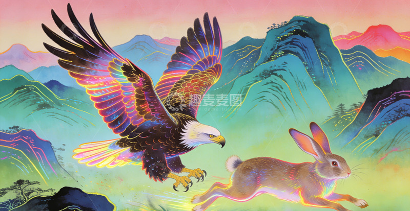 高清大图下载【趣麦麦图】彩翼飞鹰逐兔山水画装饰画