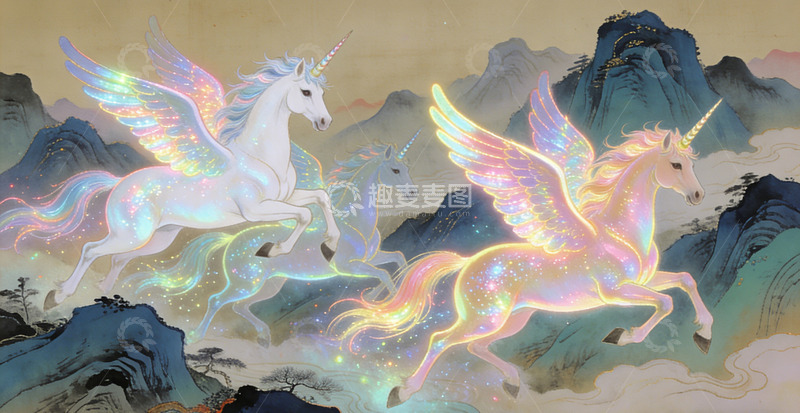 高清大图下载【趣麦麦图】梦幻独角兽山水画古风插画装饰画