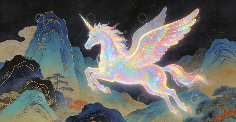 高清大图下载【趣麦麦图】梦幻独角兽飞越山川插画装饰画