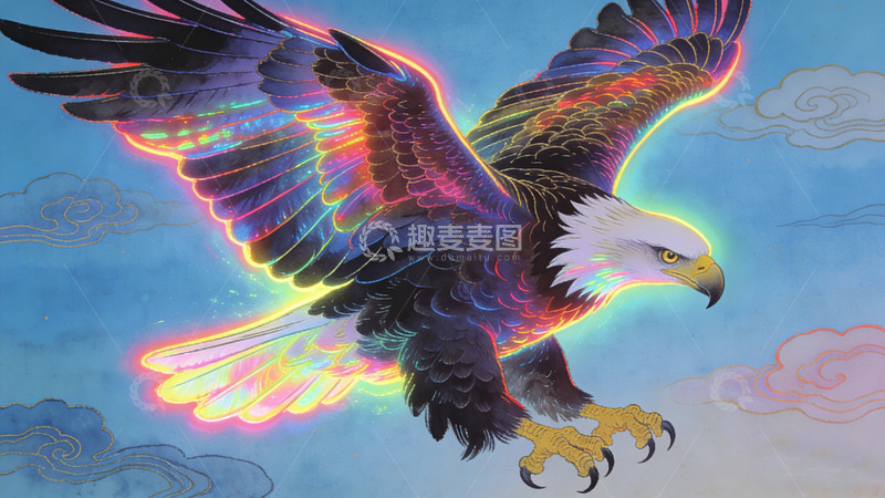 高清大图下载【趣麦麦图】幻彩鹰翱翔云端艺术插画装饰画