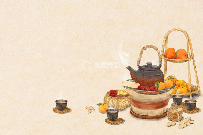 源文件下载【趣麦麦图】古风水墨茶具水果插画