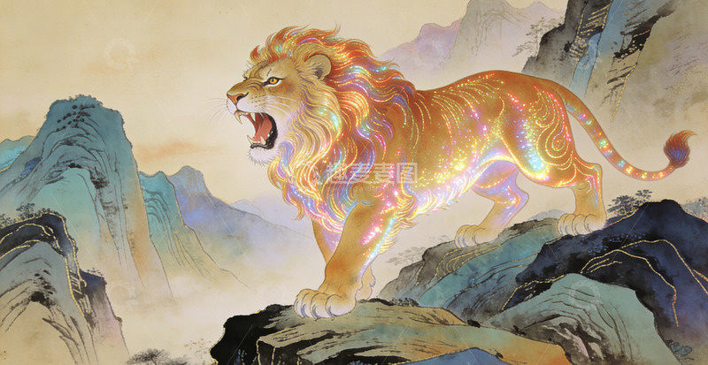 高清大图下载【趣麦麦图】金色狮子山水画艺术插画装饰画