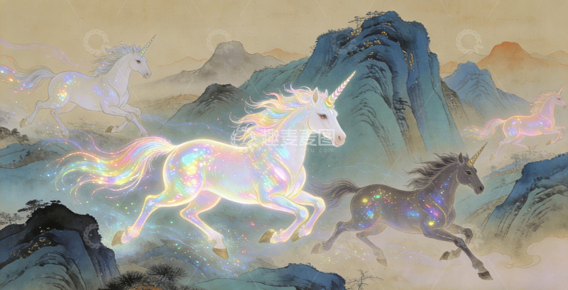 高清大图下载【趣麦麦图】幻想独角兽山水画装饰画