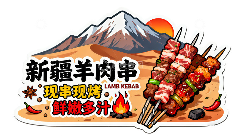 高清大图下载【趣麦麦图】新疆羊肉串美食插画餐饮
