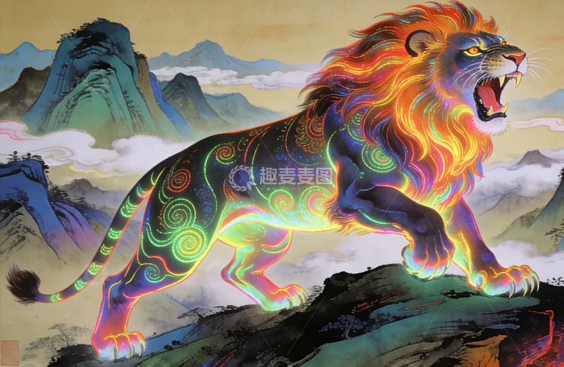 高清大图下载【趣麦麦图】彩绘狮王山景艺术插画装饰画