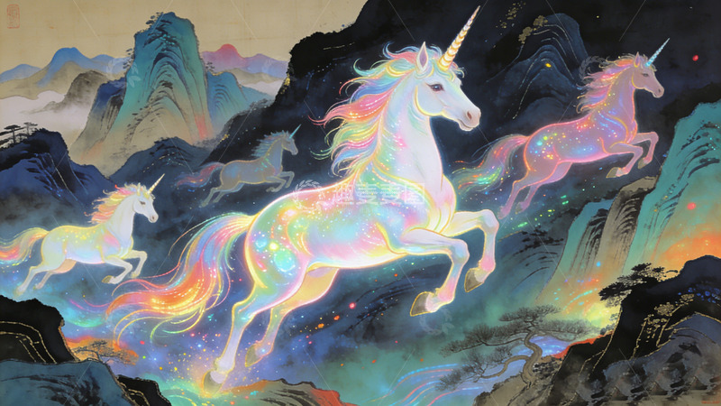 高清大图下载【趣麦麦图】彩虹独角兽山水画装饰画