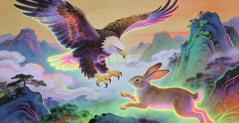 高清大图下载【趣麦麦图】幻想山水鹰兔大战装饰画