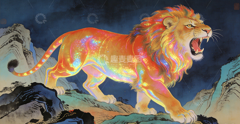 高清大图下载【趣麦麦图】梦幻彩狮山水画艺术插画装饰画
