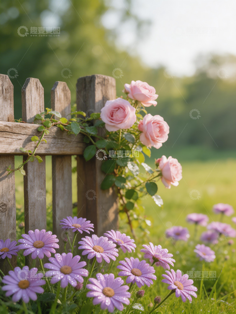 高清大图下载【趣麦麦图】蔷薇木栅栏露水7