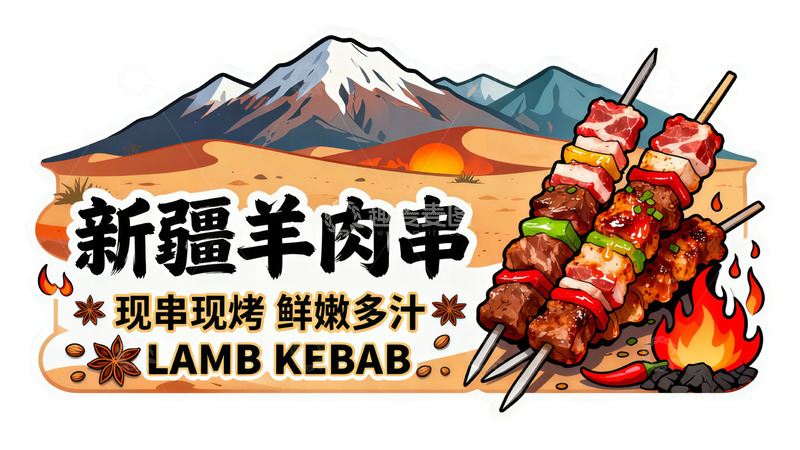 高清大图下载【趣麦麦图】新疆羊肉串美味插画设计