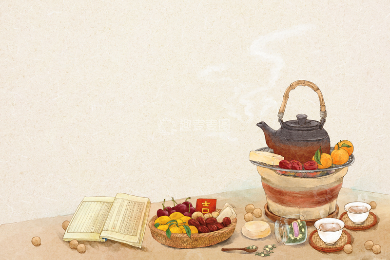 源文件下载【趣麦麦图】古风茶具水果静物插画