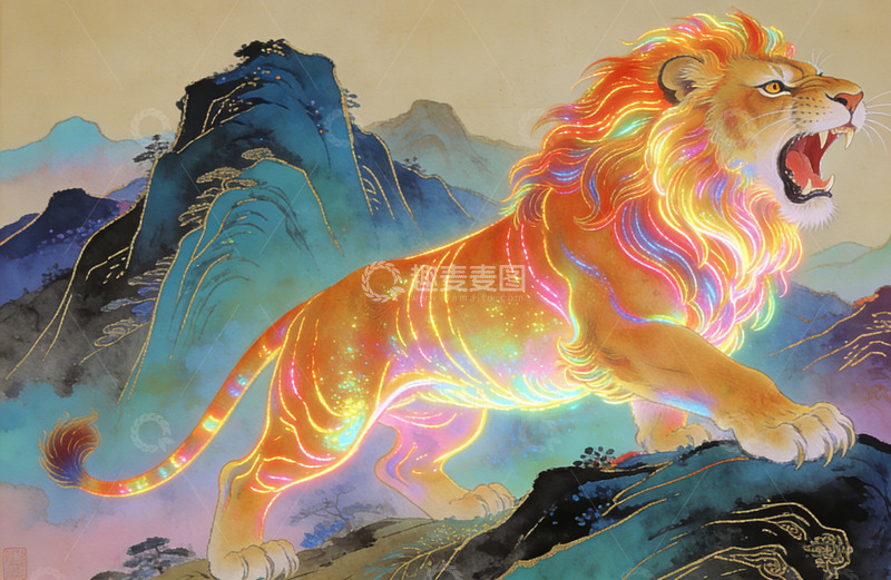 高清大图下载【趣麦麦图】幻想风格山岳狮子插画装饰画