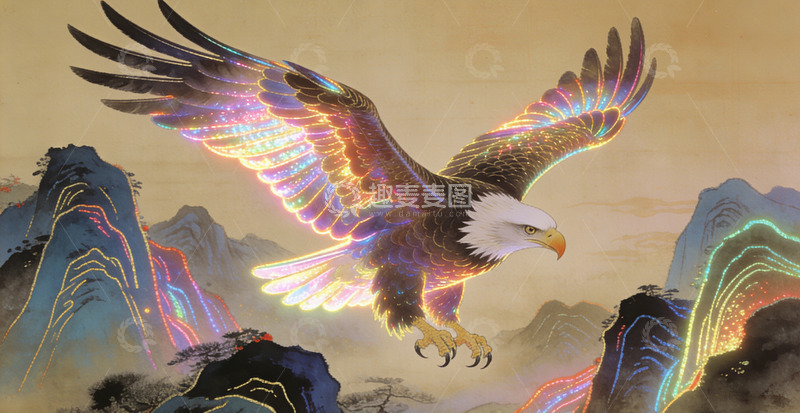 高清大图下载【趣麦麦图】彩绘雄鹰飞越群山艺术画作装饰画