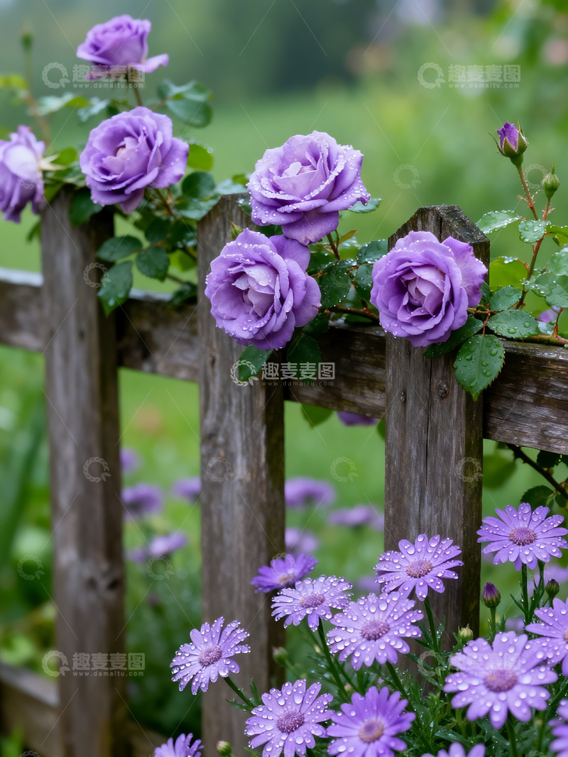 高清大图下载【趣麦麦图】蔷薇木栅栏露水4