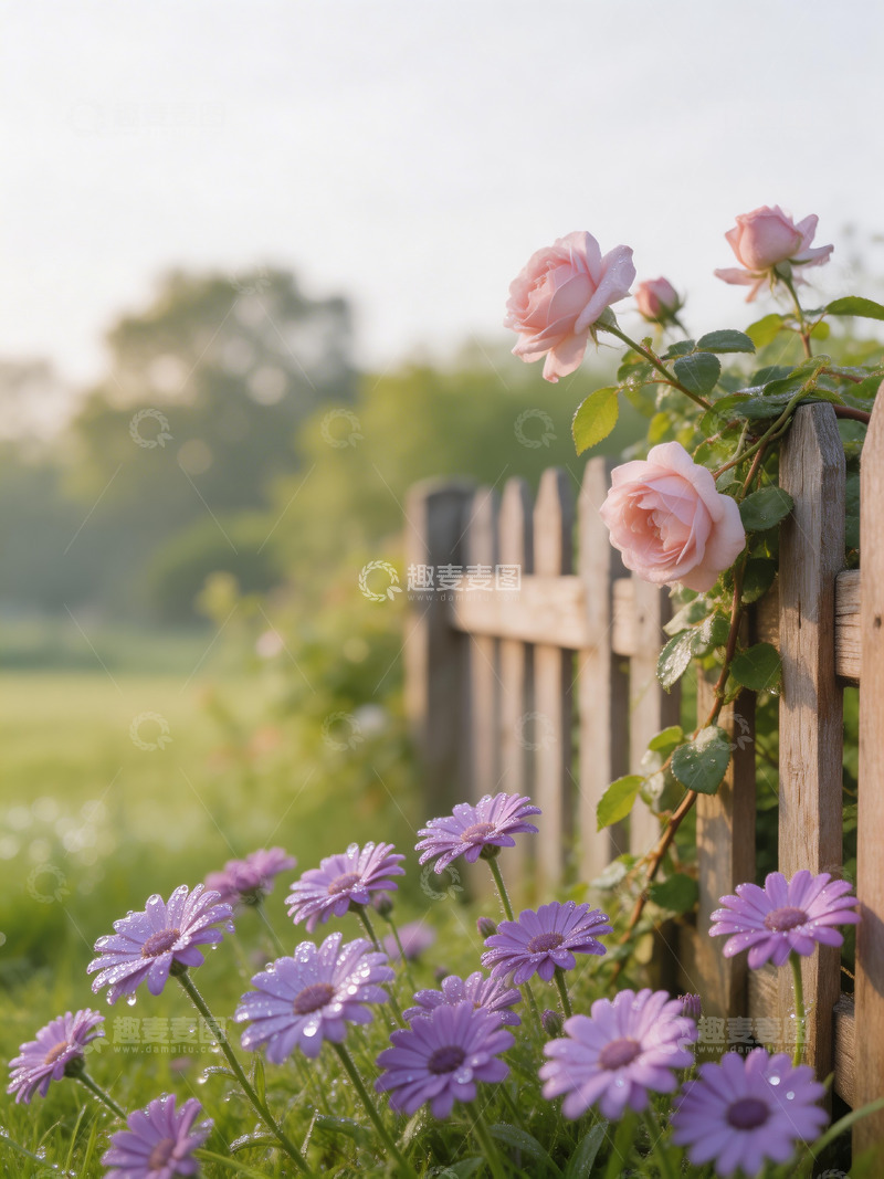 高清大图下载【趣麦麦图】蔷薇木栅栏露水6
