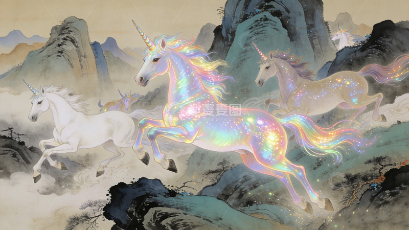高清大图下载【趣麦麦图】神话独角兽古风山水画装饰画