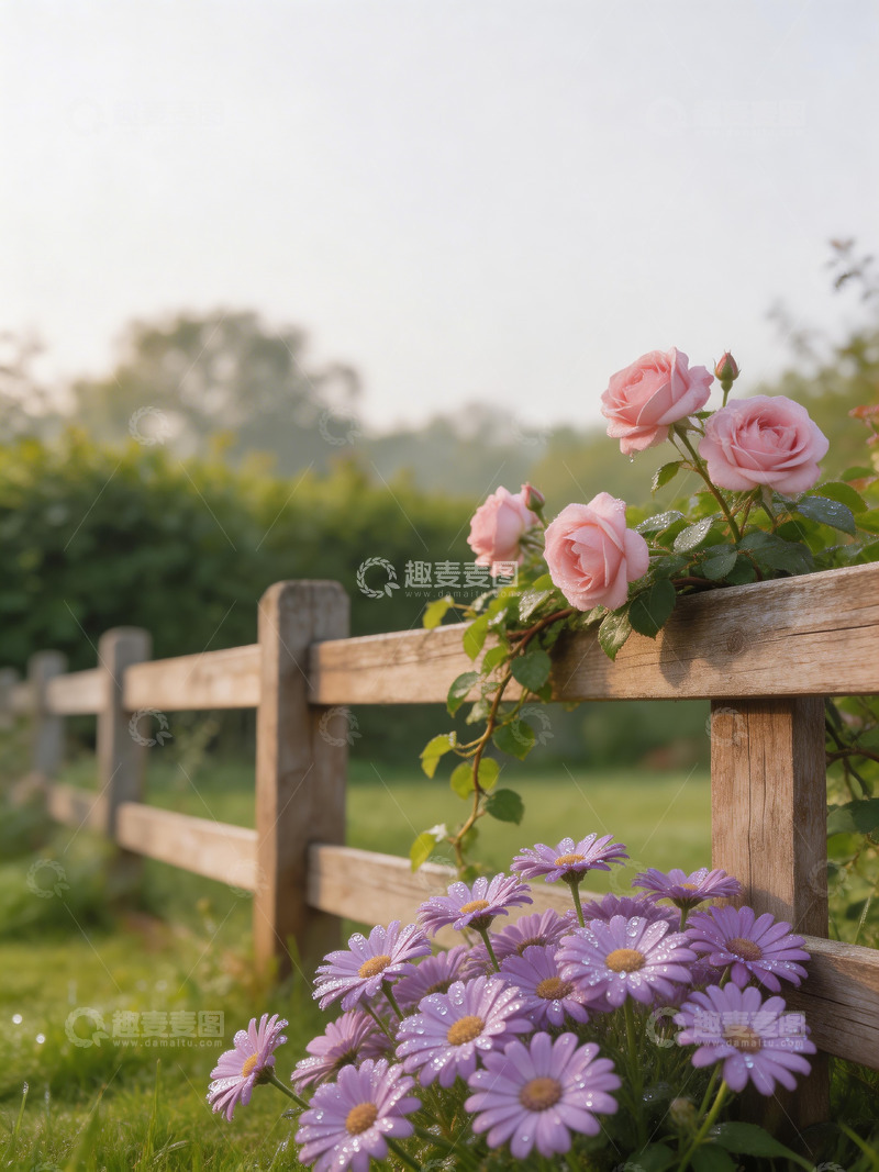 高清大图下载【趣麦麦图】蔷薇木栅栏露水5