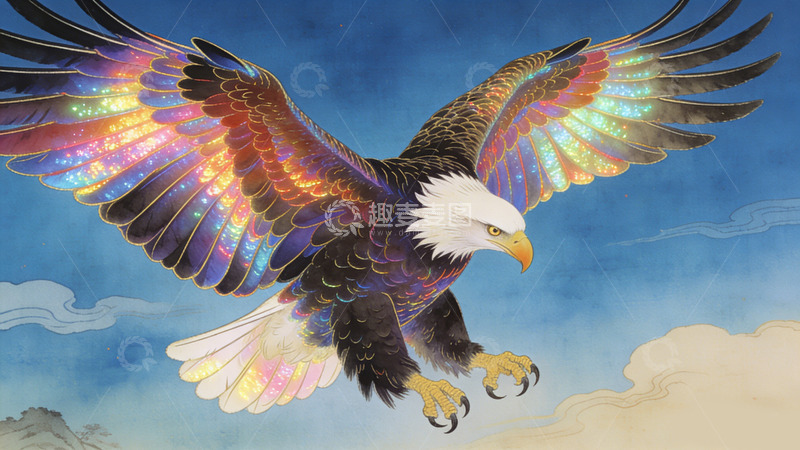 高清大图下载【趣麦麦图】奇幻鹰翱翔天空艺术插画装饰画