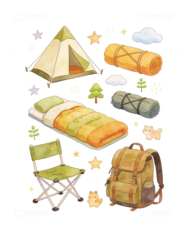 高清大图下载【趣麦麦图】水彩露营装备插画设计素材