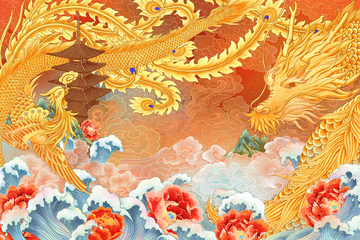 东方神话龙凤祥云插画