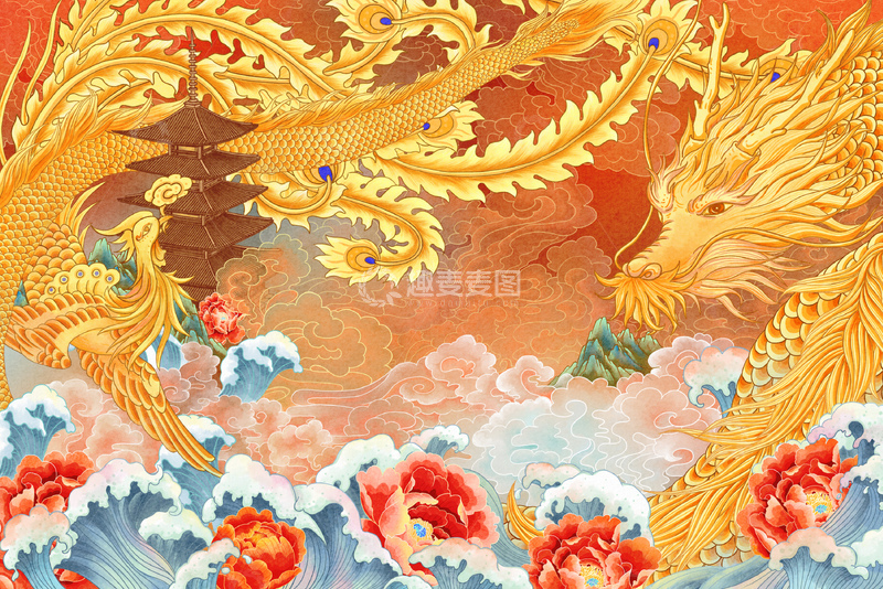 源文件下载【趣麦麦图】东方神话龙凤祥云插画