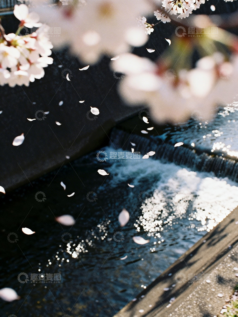 高清大图下载【趣麦麦图】樱花飘落水面3