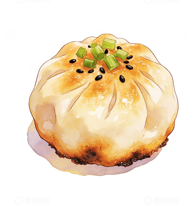 高清大图下载【趣麦麦图】-水彩风格煎包美食插画
