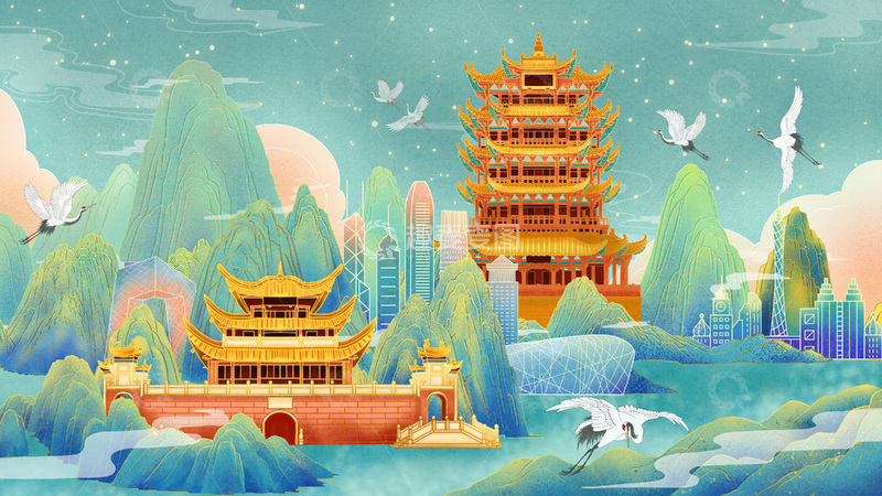 源文件下载【趣麦麦图】中国风黄鹤楼山水画艺术插画