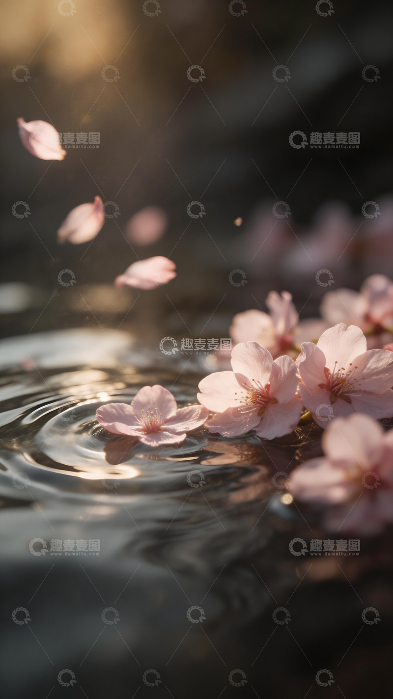 高清大图下载【趣麦麦图】樱花飘落水面4