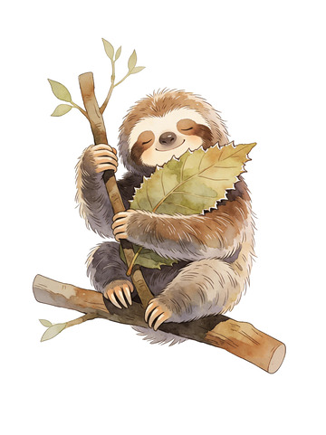 卡通树懒树枝树叶插画