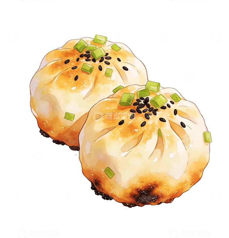 高清大图下载【趣麦麦图】-水彩生煎包美食插画设计素材