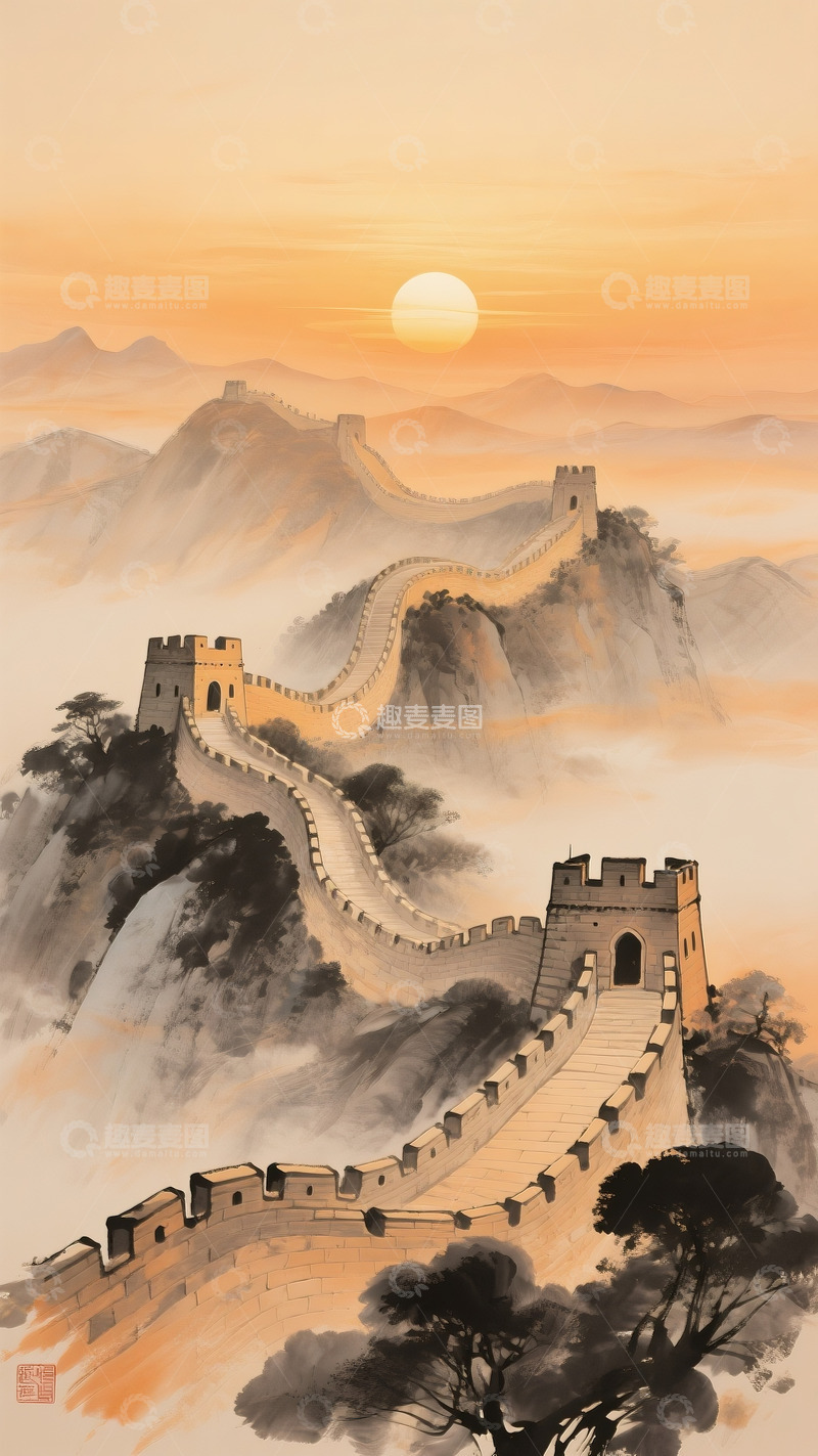 高清大图下载【趣麦麦图】古风意境的长城水墨画2