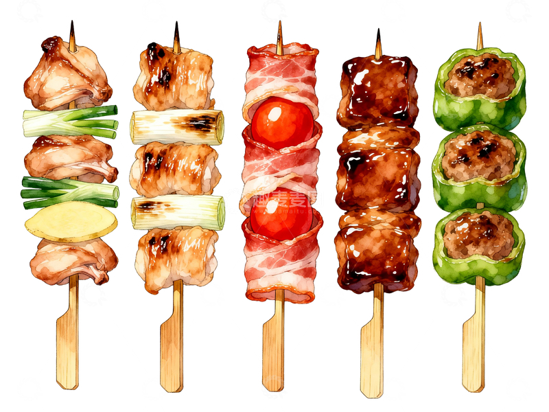 源文件下载【趣麦麦图】水彩风格五串日式烤串5